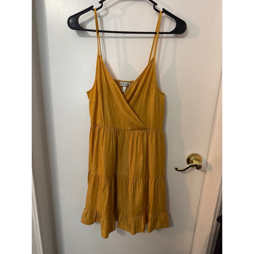 Extraordinary Mustard Yellow Tiered Mini Dress Smocked Back Spaghetti Strap M